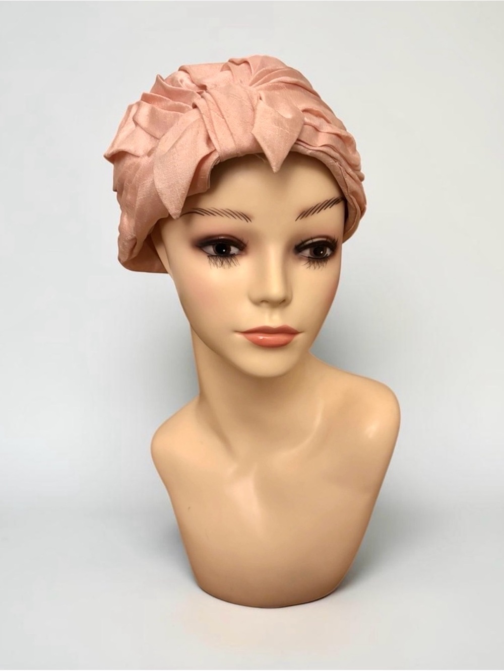Amrose Pink Silk Shantung Twisturban Turban Structured Pleated Fabric Hat
